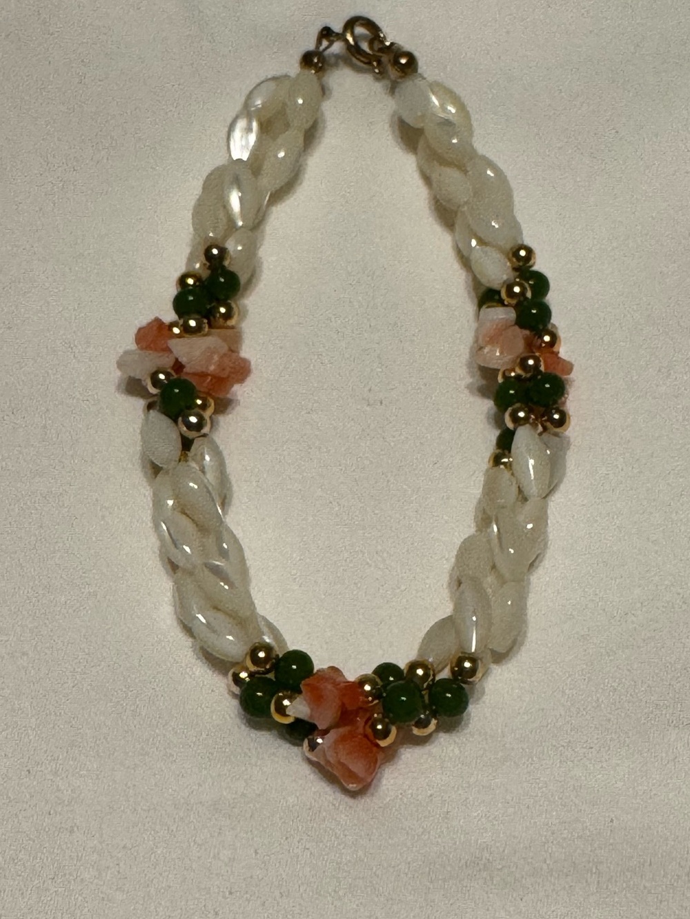 Vintage Hawaiian Pikake Bracelet Multi-Strand MOP Coral Jade Gold Tone